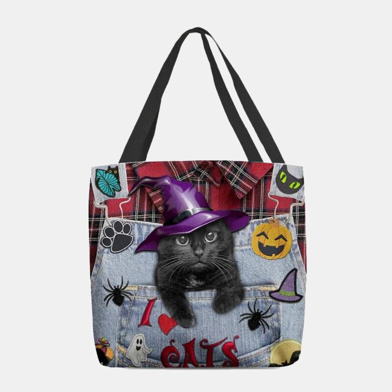 Femmes Toile Chapeau Magique Tridimensionnel 3d Mignon Chat Noir Sac À Main Fourre-tout Sac À Bandoulière