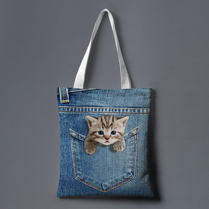 Femmes Toile Chat Chien Intérieur Jeans Motif Grande Capacité Sac D'école Sac À Bandoulière Sac À Main Fourre-tout