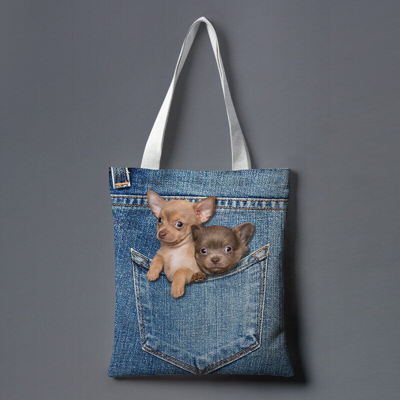 Femmes Toile Chat Chien Intérieur Jeans Motif Grande Capacité Sac D'école Sac À Bandoulière Sac À Main Fourre-tout