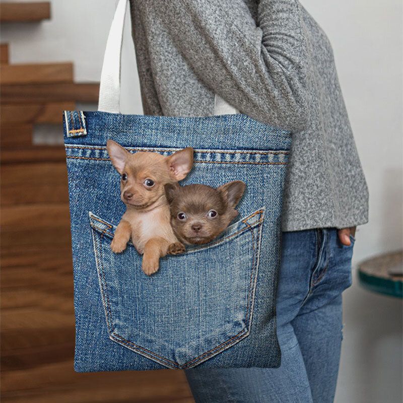 Femmes Toile Chat Chien Intérieur Jeans Motif Grande Capacité Sac D'école Sac À Bandoulière Sac À Main Fourre-tout