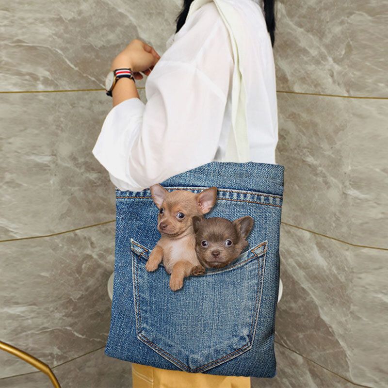 Femmes Toile Chat Chien Intérieur Jeans Motif Grande Capacité Sac D'école Sac À Bandoulière Sac À Main Fourre-tout