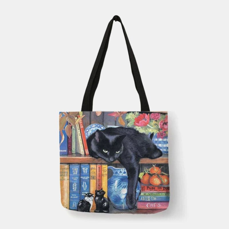 Femmes Toile Dessin Animé Mignon Peinture À L'huile Chats Impression Étanche Sac À Provisions Sac À Bandoulière Sac À Main