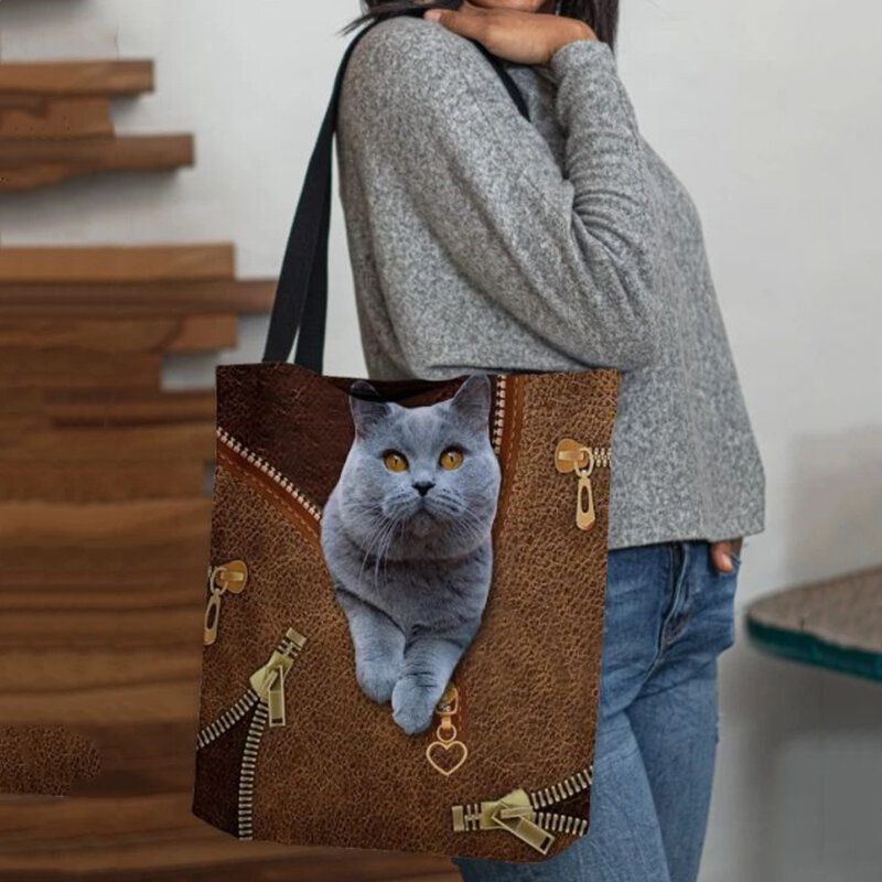 Femmes Toile Mignon 3d Dessin Animé En Trois Dimensions Motif De Chat Sac À Bandoulière Décontracté Sac À Main Fourre-tout