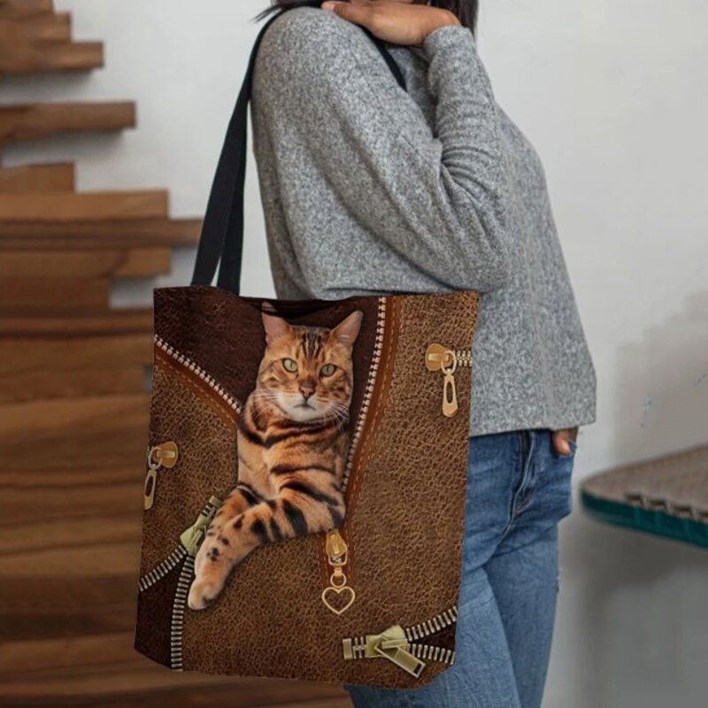 Femmes Toile Mignon 3d Vision Tridimensionnelle Chat Motif Sac À Bandoulière Sac À Main Fourre-tout