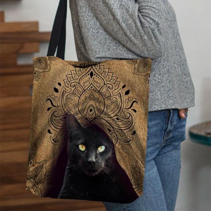 Femmes Toile Mignon Chat Noir Motif Sac À Main Fourre-tout Sac À Bandoulière