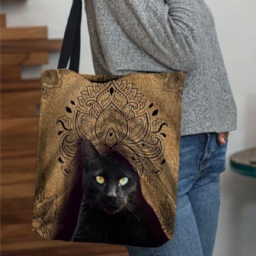 Femmes Toile Mignon Chat Noir Motif Sac À Main Fourre-tout Sac À Bandoulière