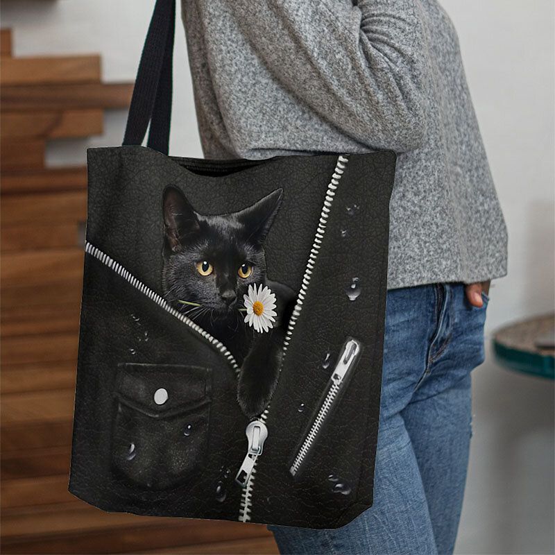 Femmes Toile Mignon Tridimensionnel 3d Chat Noir Avec Motif De Fleurs Sac À Bandoulière Sac À Main Fourre-tout