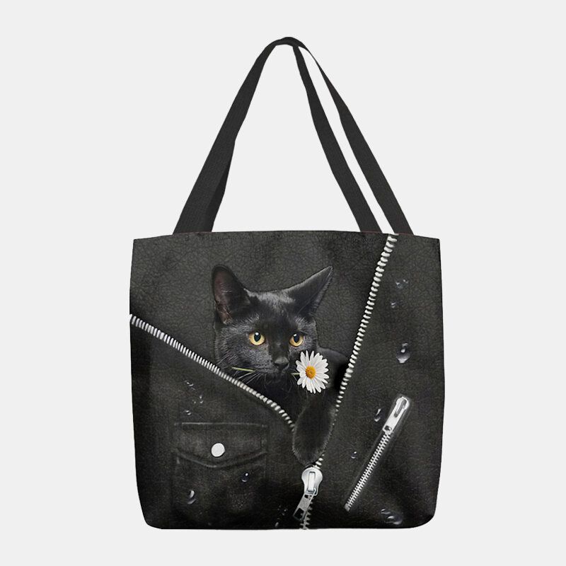 Femmes Toile Mignon Tridimensionnel 3d Chat Noir Avec Motif De Fleurs Sac À Bandoulière Sac À Main Fourre-tout