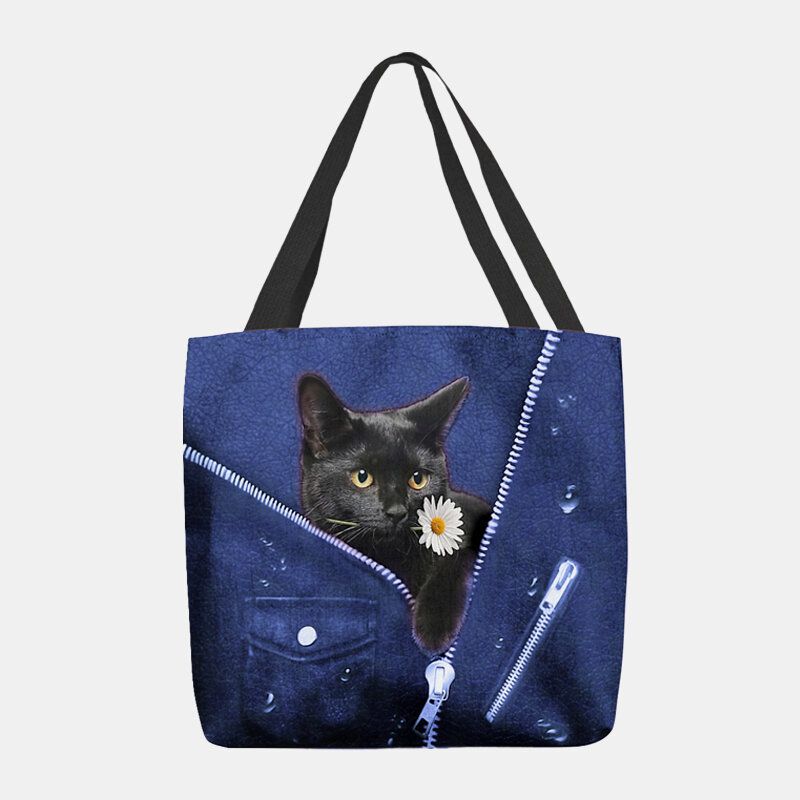 Femmes Toile Mignon Tridimensionnel 3d Chat Noir Avec Motif De Fleurs Sac À Bandoulière Sac À Main Fourre-tout