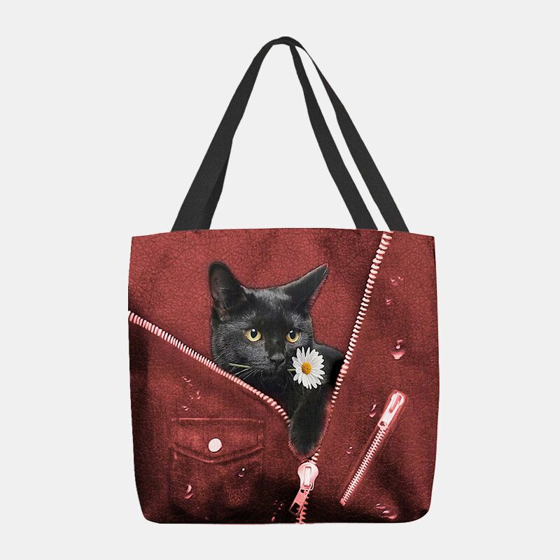 Femmes Toile Mignon Tridimensionnel 3d Chat Noir Avec Motif De Fleurs Sac À Bandoulière Sac À Main Fourre-tout