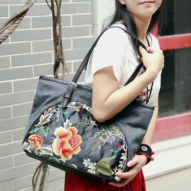 Femmes Toile Style Ethnique Brodé Floral Grande Capacité Sac À Main Sac À Bandoulière Fourre-tout