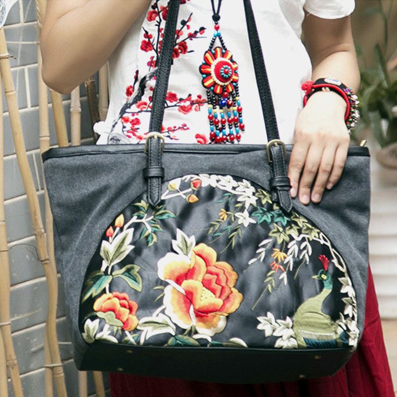 Femmes Toile Style Ethnique Brodé Floral Grande Capacité Sac À Main Sac À Bandoulière Fourre-tout