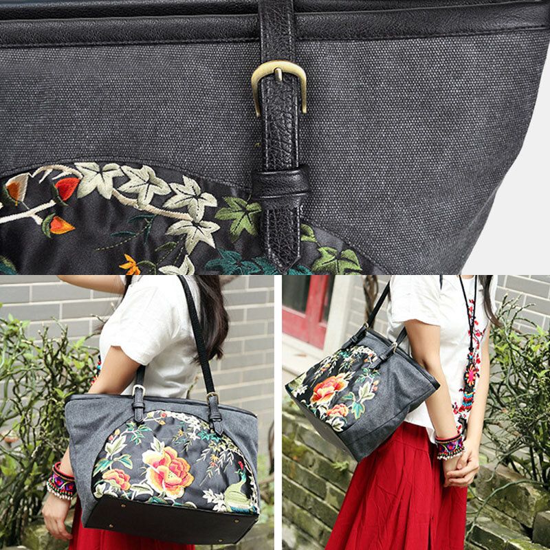 Femmes Toile Style Ethnique Brodé Floral Grande Capacité Sac À Main Sac À Bandoulière Fourre-tout