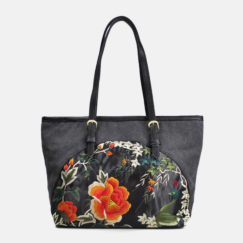 Femmes Toile Style Ethnique Brodé Floral Grande Capacité Sac À Main Sac À Bandoulière Fourre-tout