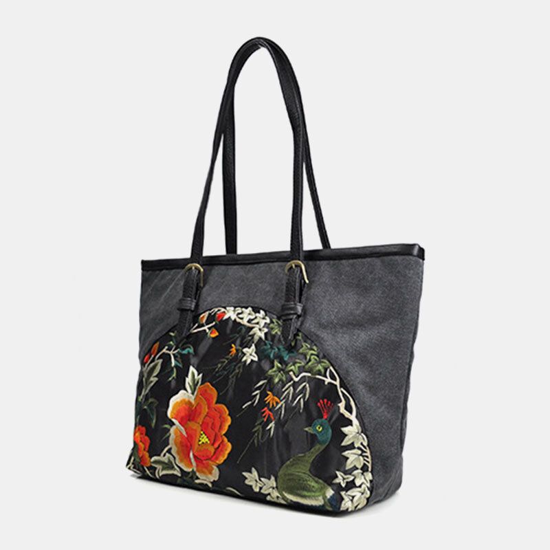 Femmes Toile Style Ethnique Brodé Floral Grande Capacité Sac À Main Sac À Bandoulière Fourre-tout