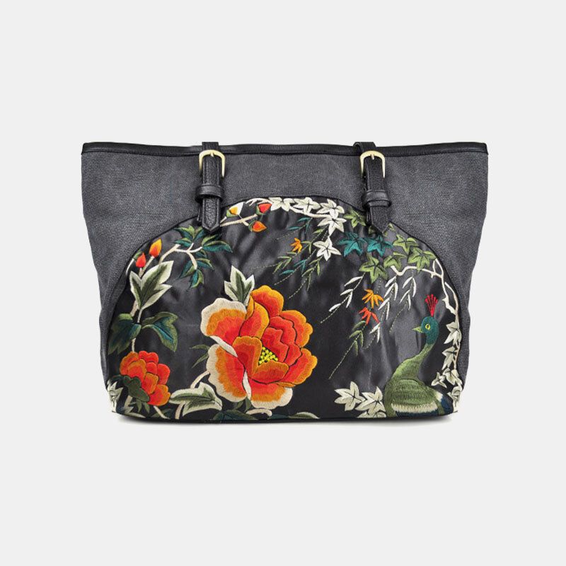 Femmes Toile Style Ethnique Brodé Floral Grande Capacité Sac À Main Sac À Bandoulière Fourre-tout