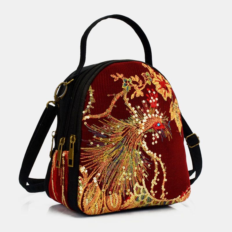 Femmes Toile Style Ethnique Broderie Paon Motif Paillettes Mini Multi-porter Sac À Main Bandoulière Sac