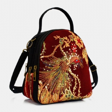 Femmes Toile Style Ethnique Broderie Paon Motif Paillettes Mini Multi-porter Sac À Main Bandoulière Sac