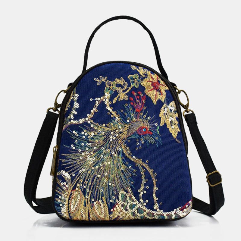 Femmes Toile Style Ethnique Broderie Paon Motif Paillettes Mini Multi-porter Sac À Main Bandoulière Sac