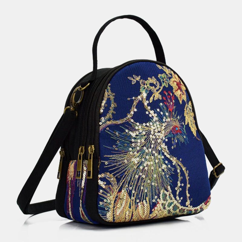 Femmes Toile Style Ethnique Broderie Paon Motif Paillettes Mini Multi-porter Sac À Main Bandoulière Sac