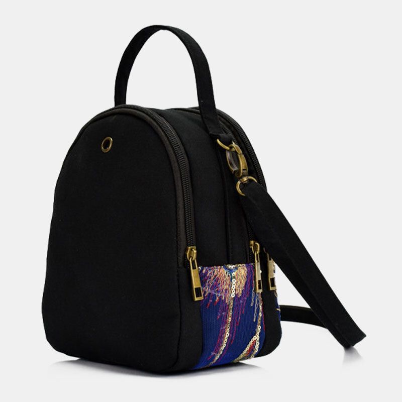 Femmes Toile Style Ethnique Broderie Paon Motif Paillettes Mini Multi-porter Sac À Main Bandoulière Sac