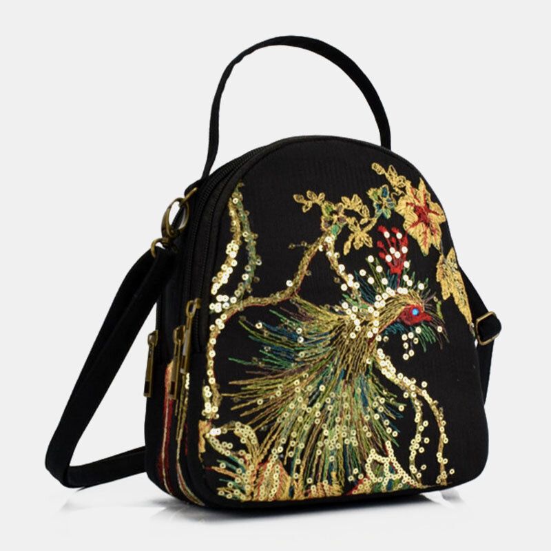 Femmes Toile Style Ethnique Broderie Paon Motif Paillettes Mini Multi-porter Sac À Main Bandoulière Sac