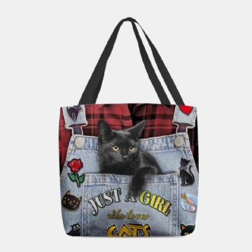 Femmes Toile Tridimensionnelle 3d Mignon Chat Noir Sac À Main Fourre-tout Sac À Bandoulière