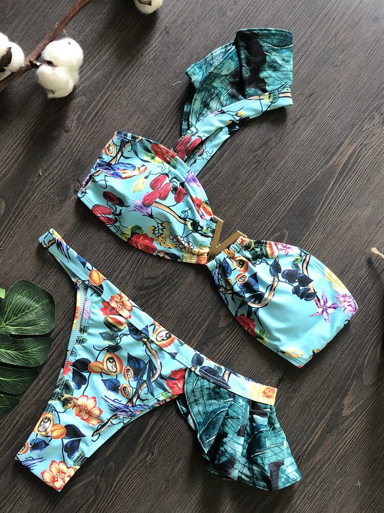 Femmes Une Épaule Imprimé Floral À Volants Garnitures Dos Nu Plage Vacances Bikinis Taille Basse