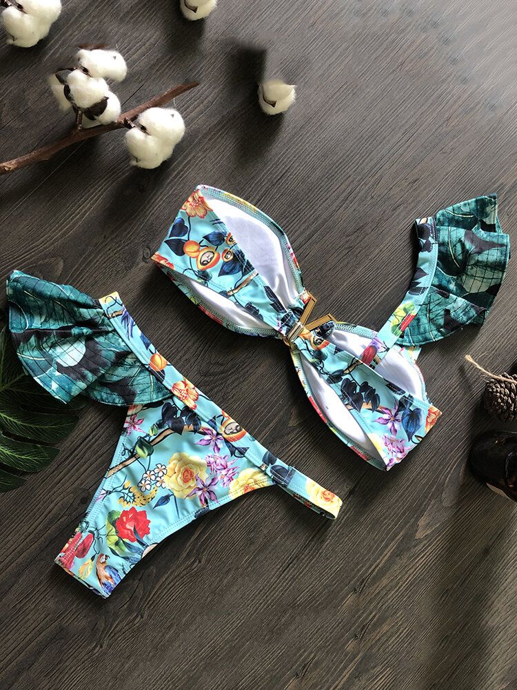 Femmes Une Épaule Imprimé Floral À Volants Garnitures Dos Nu Plage Vacances Bikinis Taille Basse