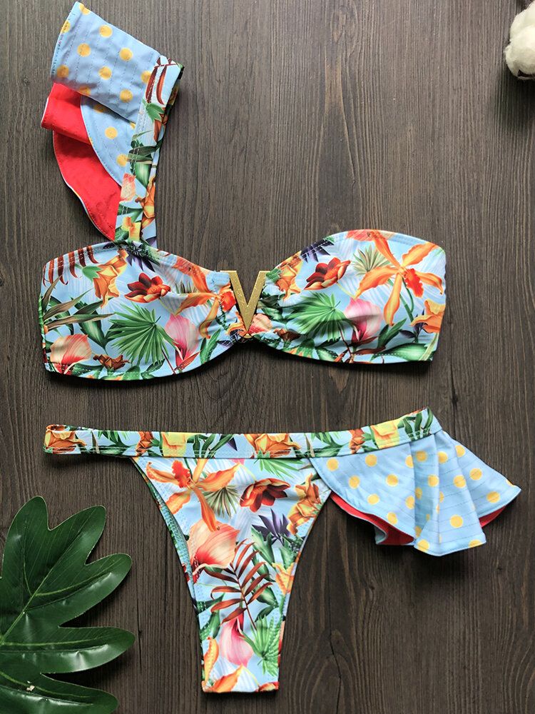 Femmes Une Épaule Imprimé Floral À Volants Garnitures Dos Nu Plage Vacances Bikinis Taille Basse