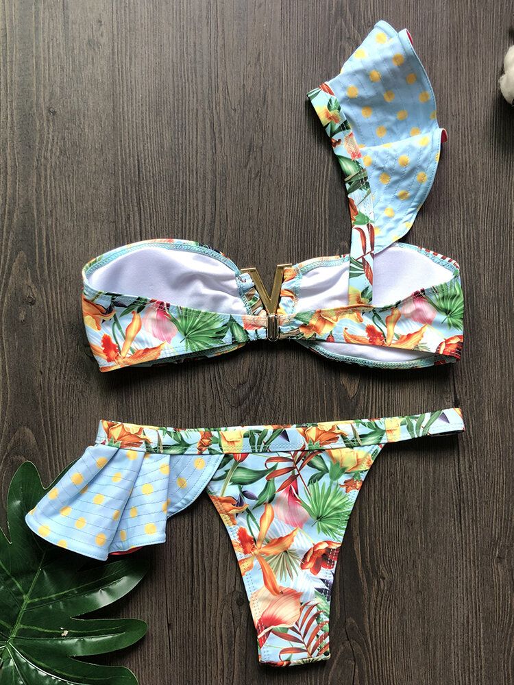 Femmes Une Épaule Imprimé Floral À Volants Garnitures Dos Nu Plage Vacances Bikinis Taille Basse