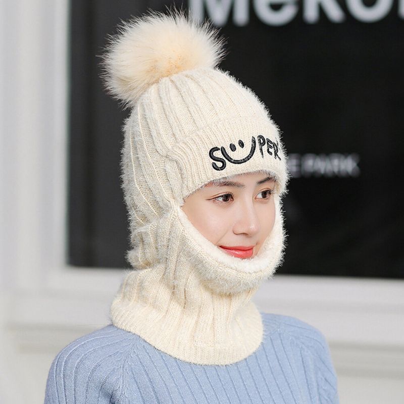 Femmes Une-pièce Laine Plus Épaissir Plus Velours Chaud Cou Visage Oreille Protection Équitation Ski Bonnet Bonnet Avec Fluff Ball