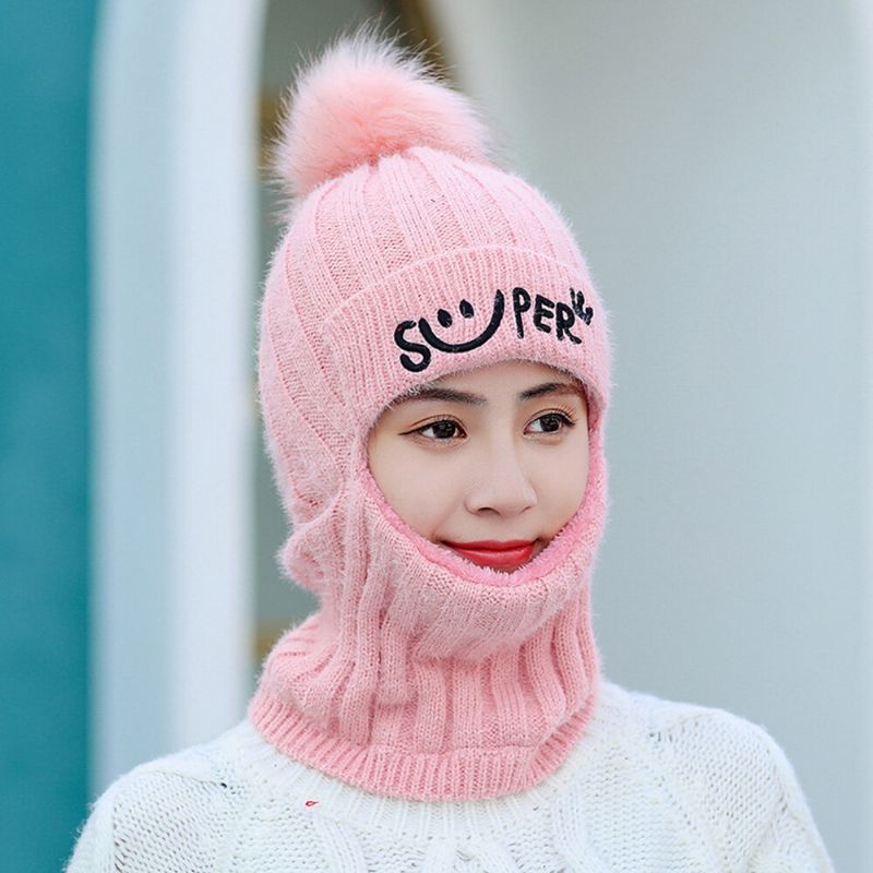 Femmes Une-pièce Laine Plus Épaissir Plus Velours Chaud Cou Visage Oreille Protection Équitation Ski Bonnet Bonnet Avec Fluff Ball