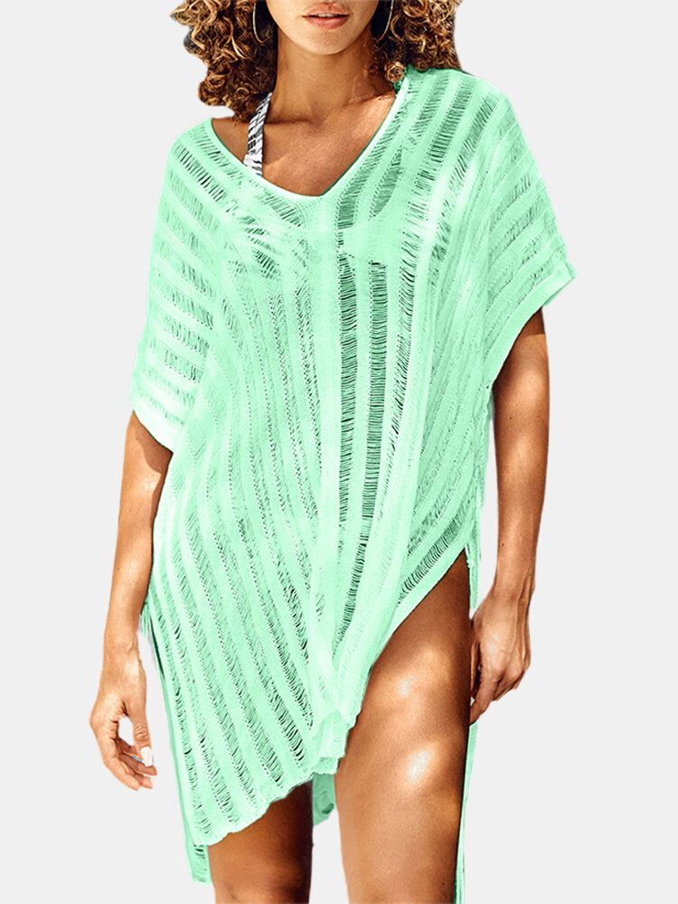 Femmes V-cou Crochet Évider Solide Couleur Protection Solaire Cover Ups