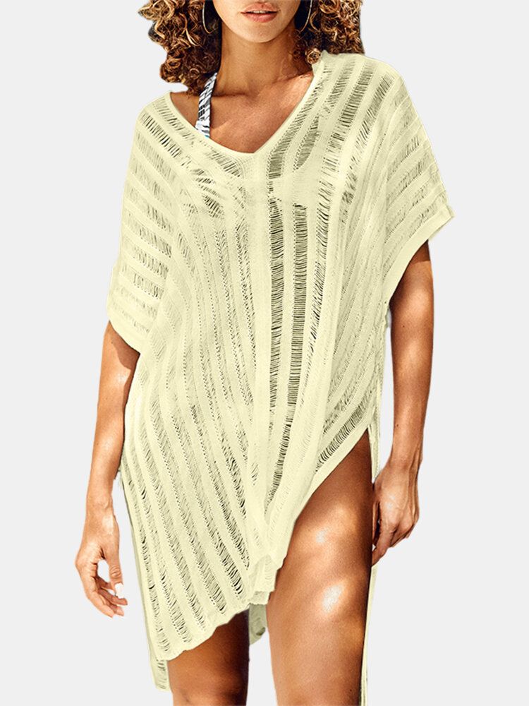 Femmes V-cou Crochet Évider Solide Couleur Protection Solaire Cover Ups