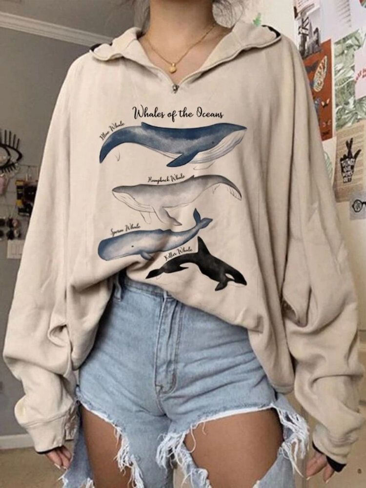 Femmes Variété Whale Print Pull Ample À Manches Longues Sweat-shirts