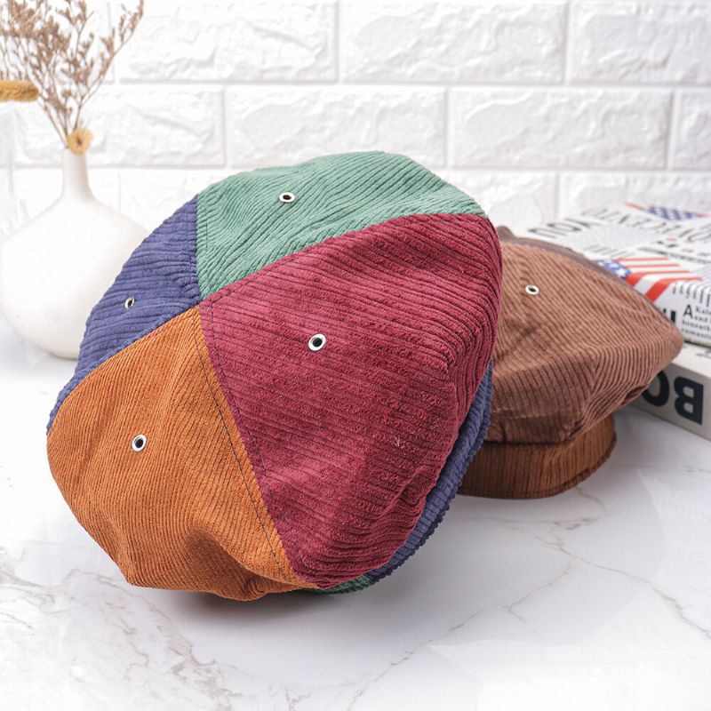 Femmes Velours Côtelé Chaud Patchwork Couleur Peintre Chapeau Béret Chapeau Octogonal Chapeau