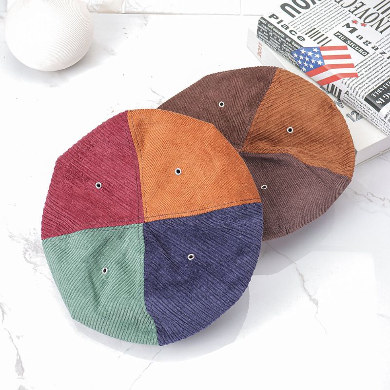 Femmes Velours Côtelé Chaud Patchwork Couleur Peintre Chapeau Béret Chapeau Octogonal Chapeau