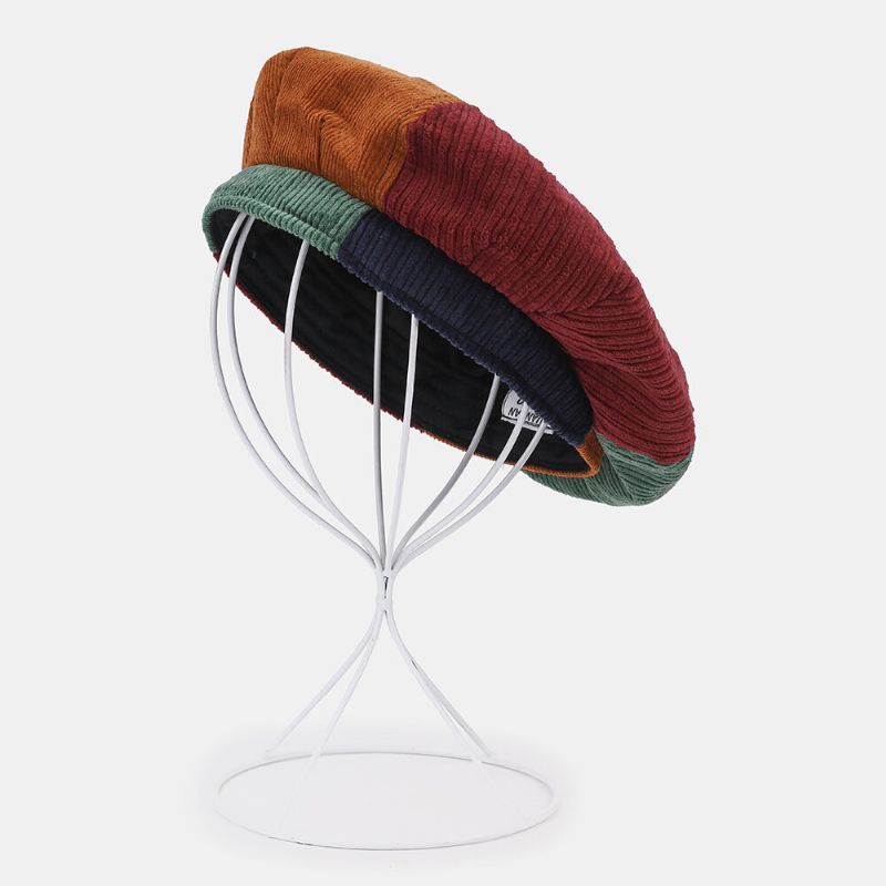 Femmes Velours Côtelé Chaud Patchwork Couleur Peintre Chapeau Béret Chapeau Octogonal Chapeau