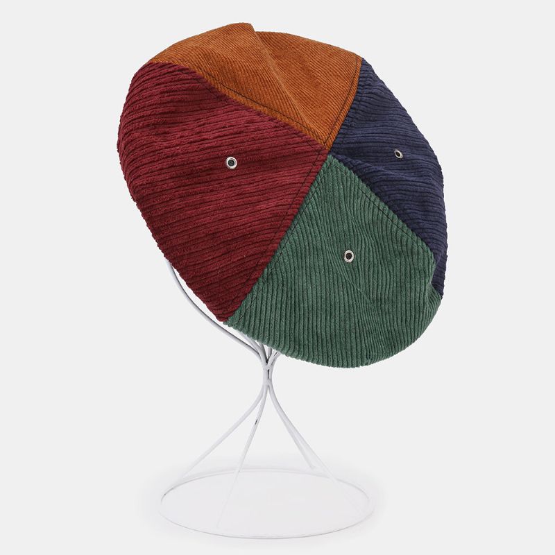 Femmes Velours Côtelé Chaud Patchwork Couleur Peintre Chapeau Béret Chapeau Octogonal Chapeau