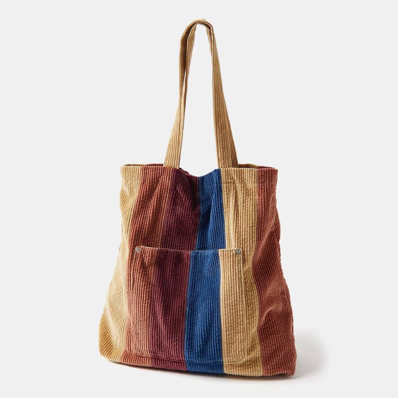 Femmes Velours Côtelé Coloré Rayé Poche Avant Fourre-tout Grande Capacité Vintage Sac À Bandoulière Sac À Main