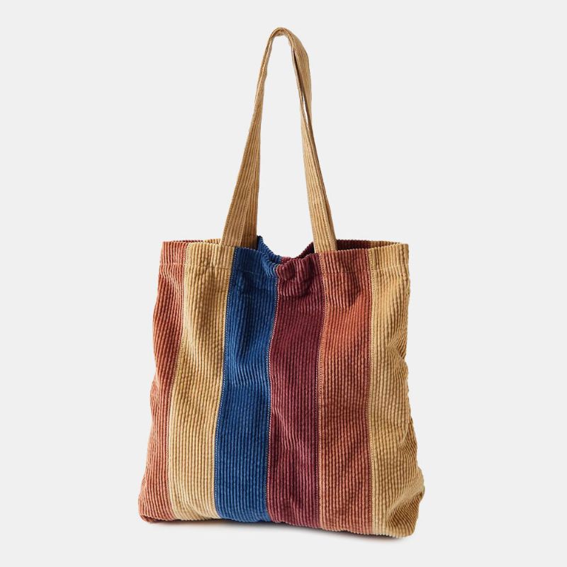 Femmes Velours Côtelé Coloré Rayé Poche Avant Fourre-tout Grande Capacité Vintage Sac À Bandoulière Sac À Main