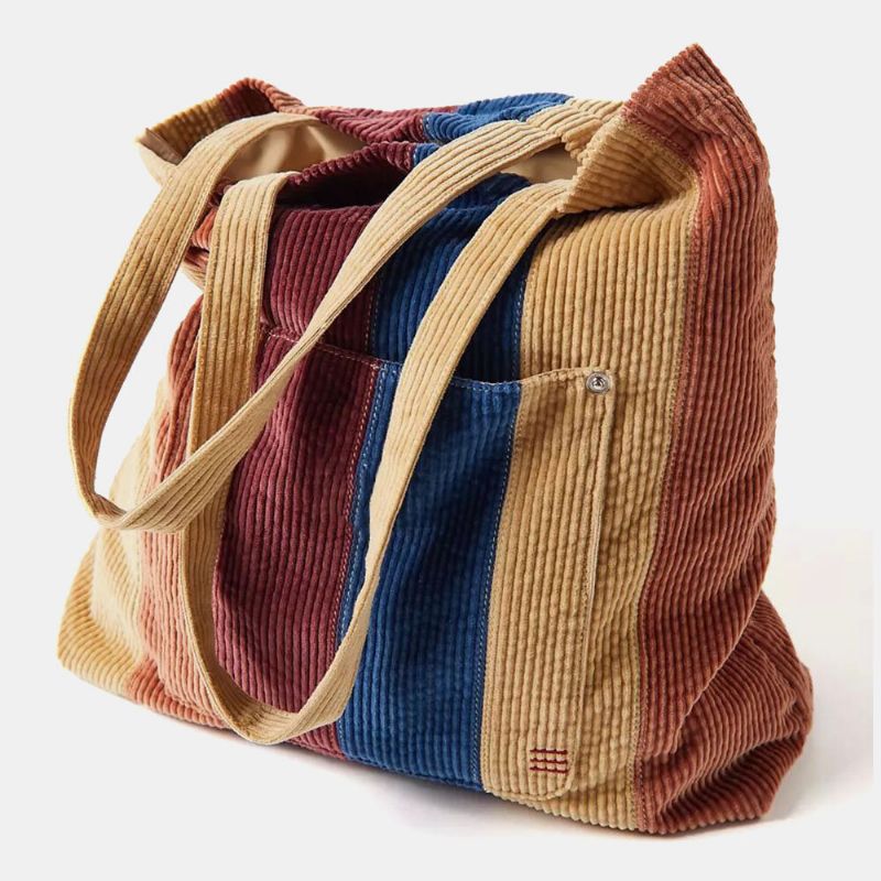 Femmes Velours Côtelé Coloré Rayé Poche Avant Fourre-tout Grande Capacité Vintage Sac À Bandoulière Sac À Main