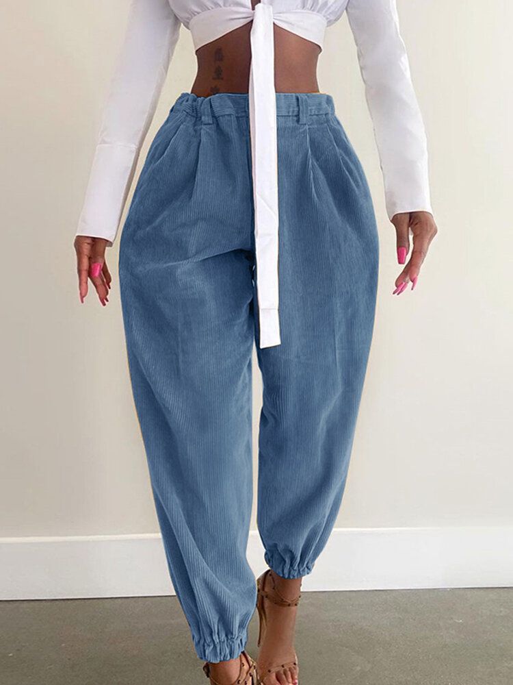 Femmes Velours Côtelé Lâche Couleur Unie Poches Latérales Fermeture Éclair Boutons Maxi Longueur Pantalon