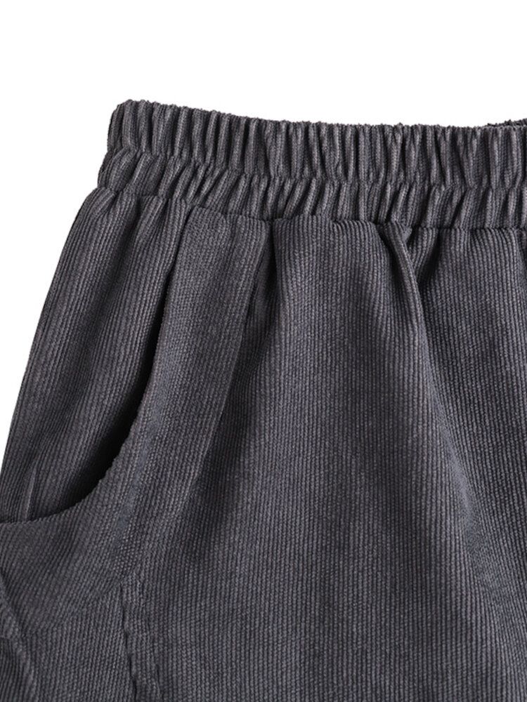 Femmes Velours Côtelé Taille Élastique Poches Latérales Couleur Unie Cheville Longueur Pantalons Décontractés