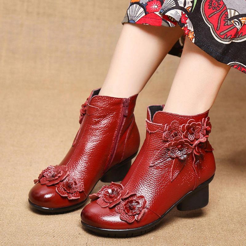 Femmes Vintage En Cuir Véritable Fait À La Main Fleur Talon Bas Bottines Courtes