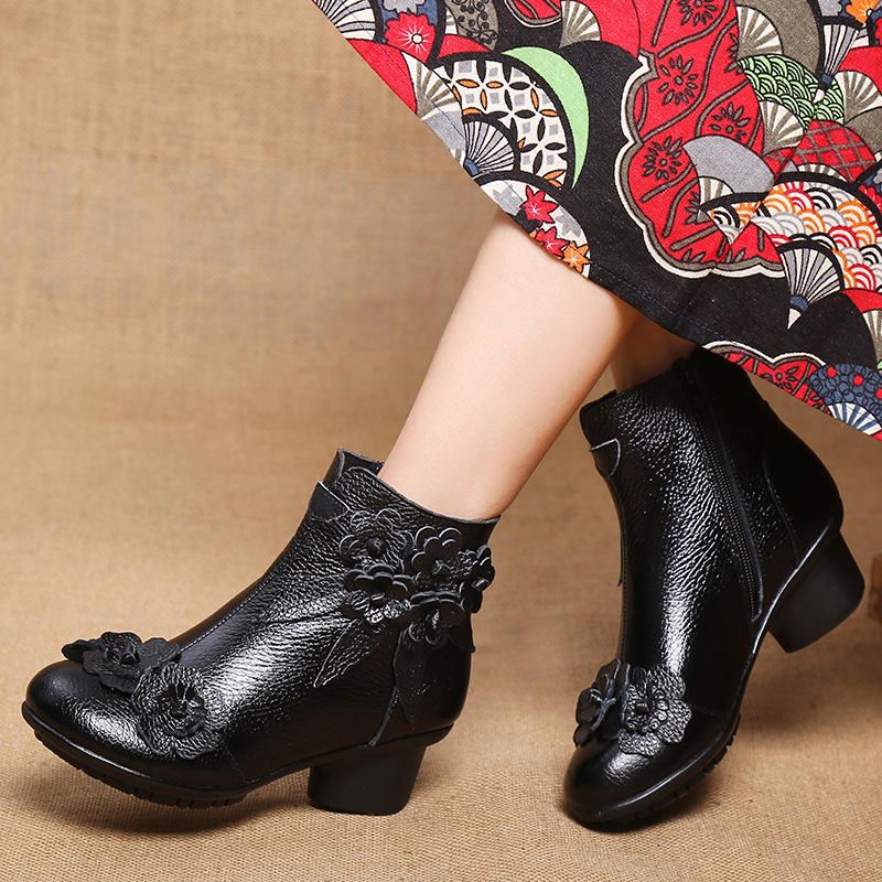 Femmes Vintage En Cuir Véritable Fait À La Main Fleur Talon Bas Bottines Courtes