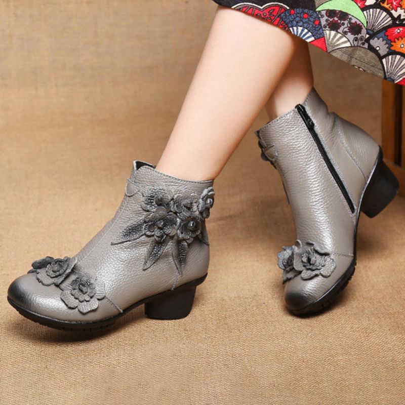 Femmes Vintage En Cuir Véritable Fait À La Main Fleur Talon Bas Bottines Courtes