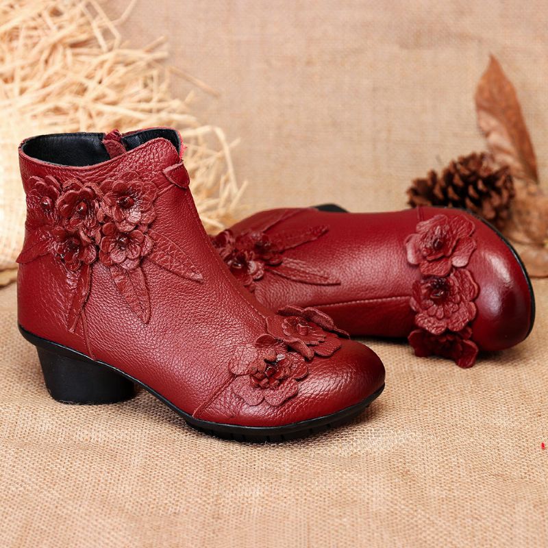 Femmes Vintage En Cuir Véritable Fait À La Main Fleur Talon Bas Bottines Courtes