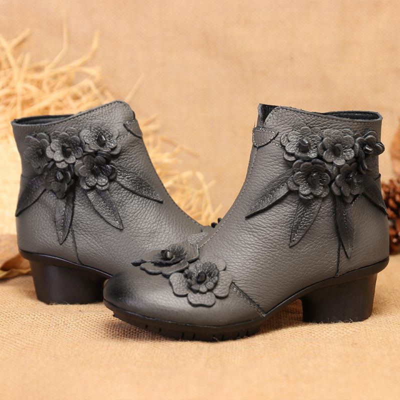 Femmes Vintage En Cuir Véritable Fait À La Main Fleur Talon Bas Bottines Courtes